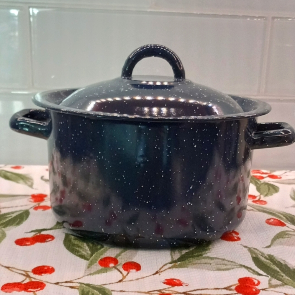 Blue speckled Enamelware pot with lid.